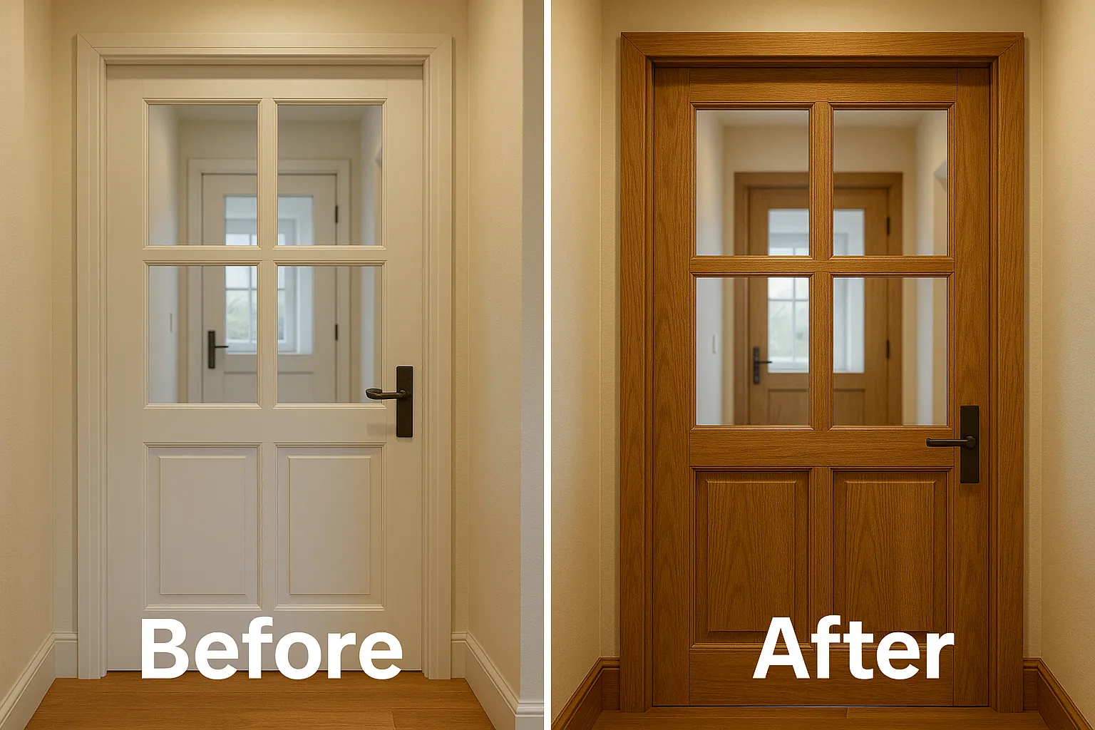 Voor- en na-foto van binnenkozijnen na wrapping